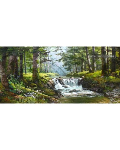 ציור שמן מפל קטן ביער ירוק ופורח